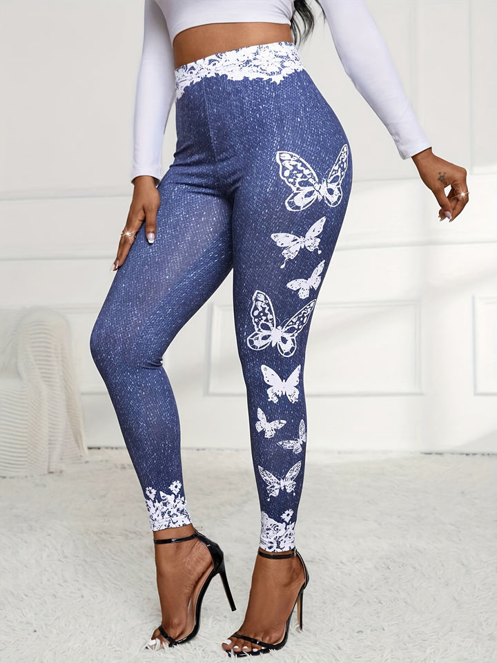 Damer leggings med blommig spetsmidja och fjärilsmotiv Mirla-Eva Jonsson