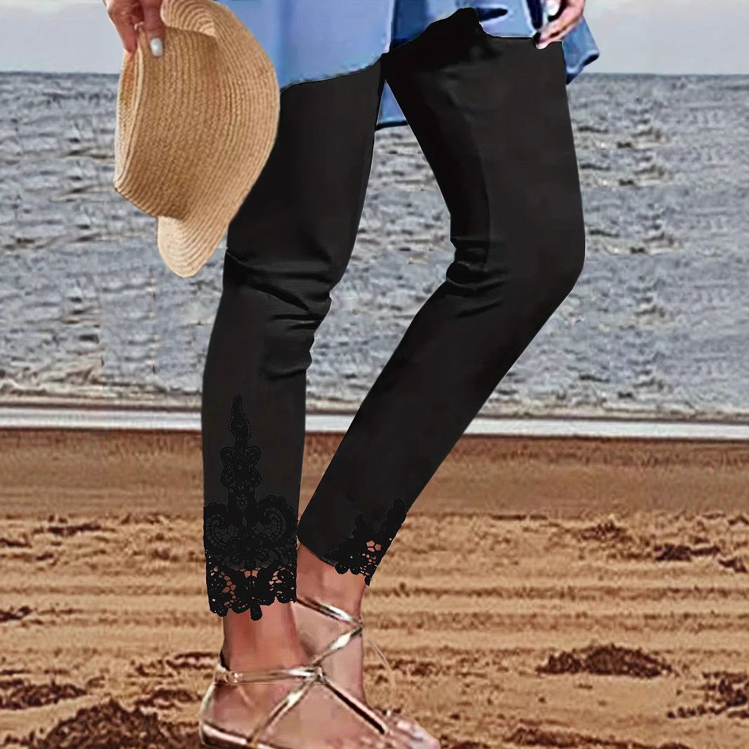 Damer leggings med spetsbesatt fåll och elastiskt midjeband Eva Jonsson-Eva Jonsson