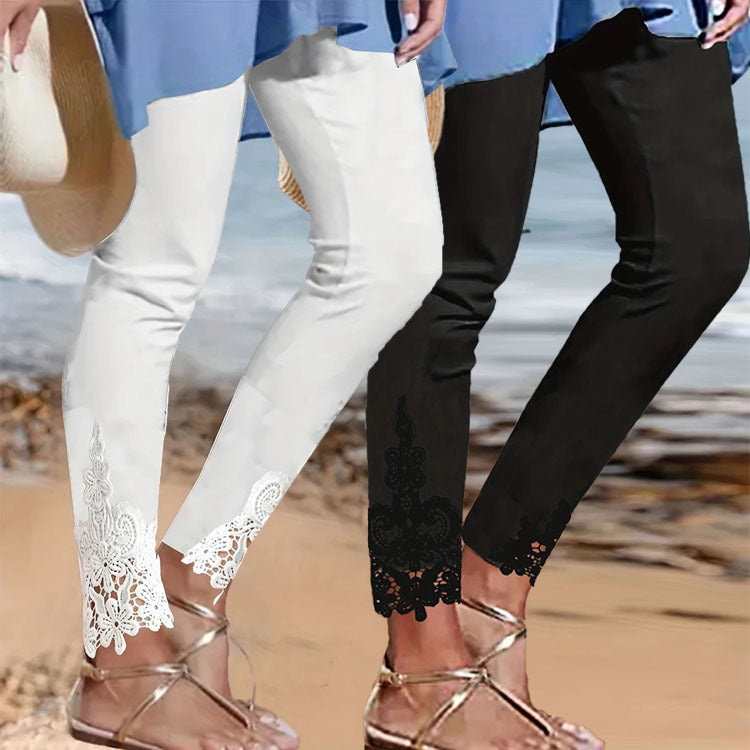 Damer leggings med spetsbesatt fåll och elastiskt midjeband Eva Jonsson-Eva Jonsson