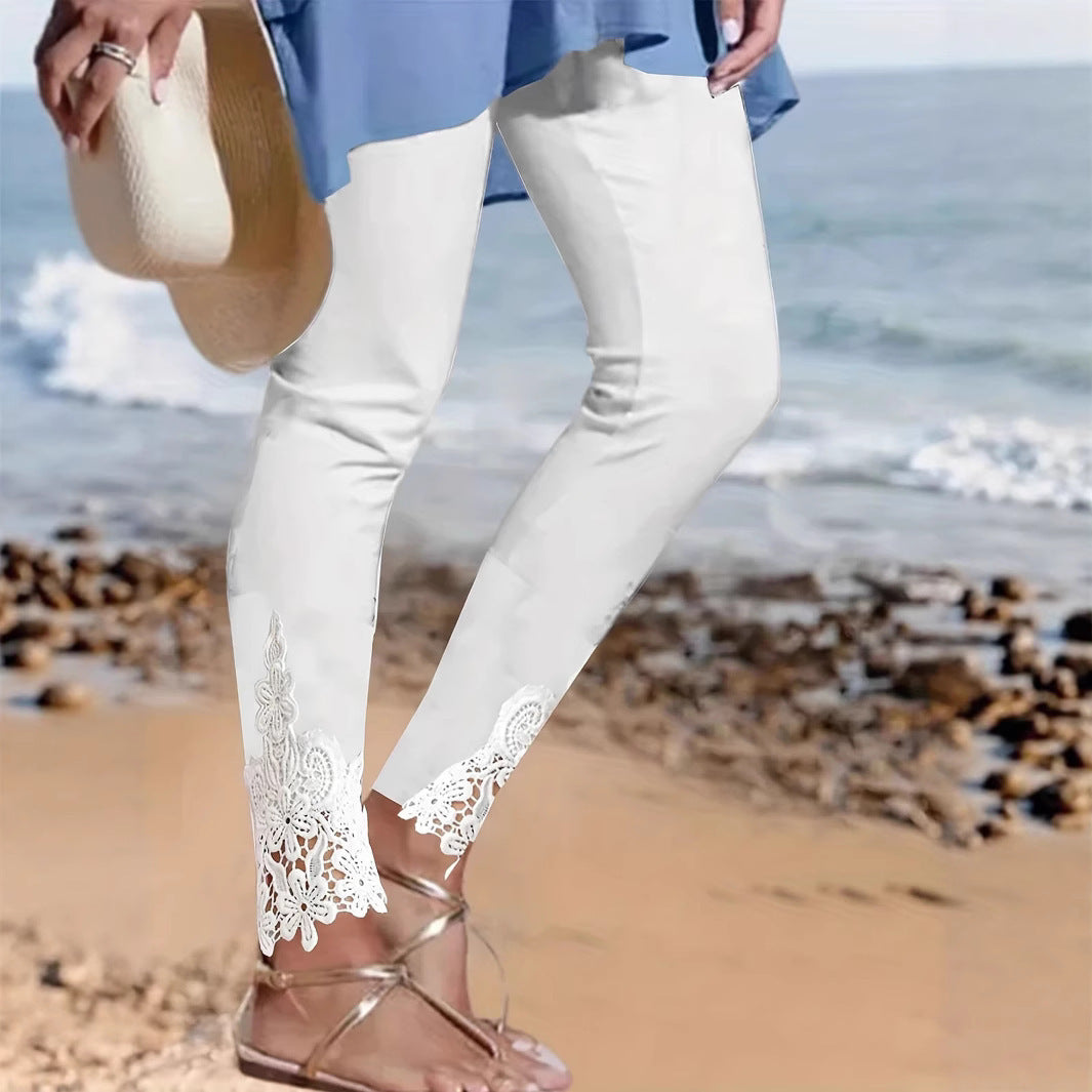 Damer leggings med spetsbesatt fåll och elastiskt midjeband Mirla-Eva Jonsson