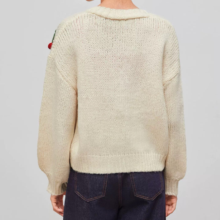 Damer lekfull stickad cardigan med körsbärsapplikationer Eva Jonsson-Eva Jonsson