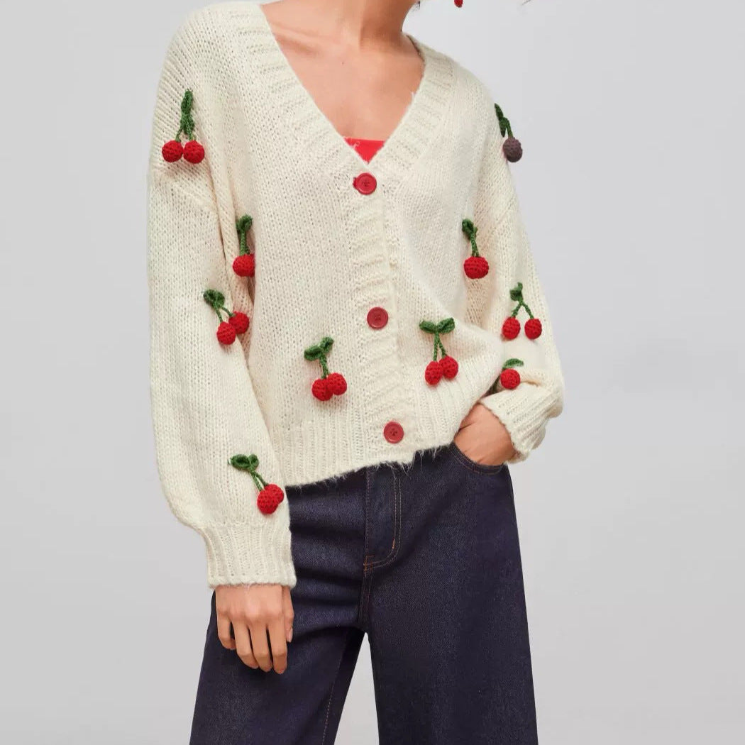 Damer lekfull stickad cardigan med körsbärsapplikationer Eva Jonsson-Eva Jonsson