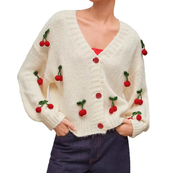 Damer lekfull stickad cardigan med körsbärsapplikationer Eva Jonsson-Eva Jonsson