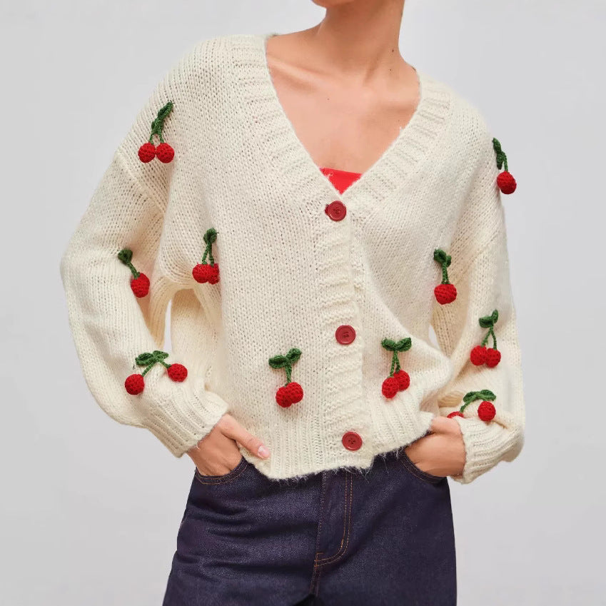 Damer lekfull stickad cardigan med körsbärsapplikationer Eva Jonsson-Eva Jonsson