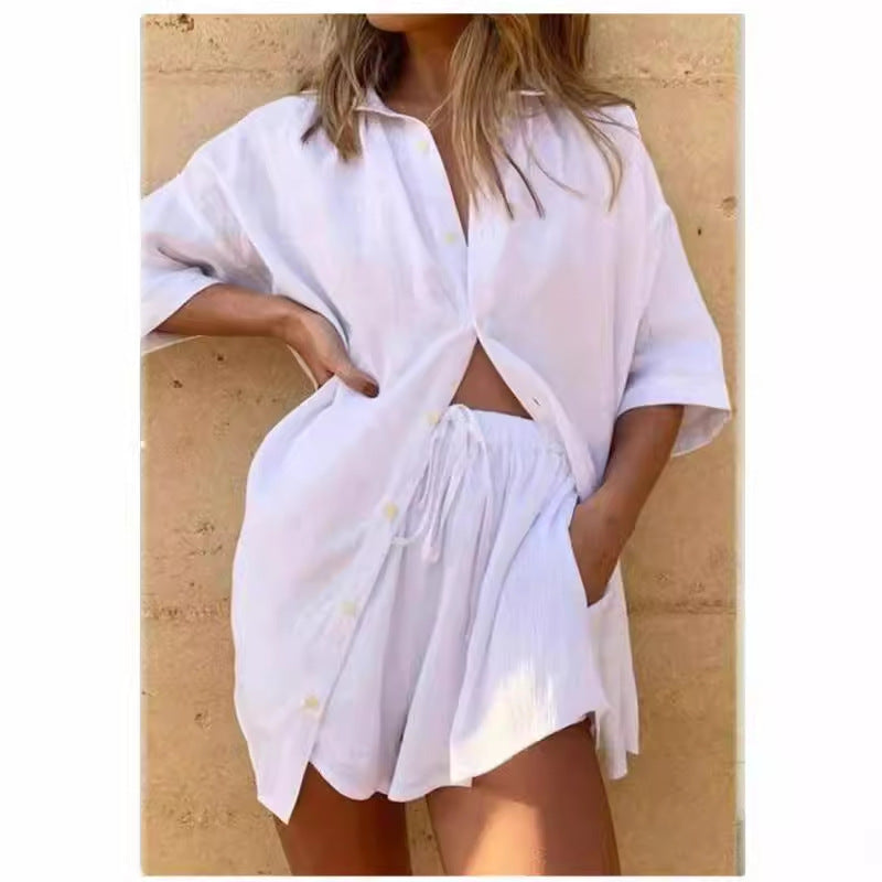 Damer linneblus och shorts-set med lös passform och elastisk midja Mirla-Eva Jonsson