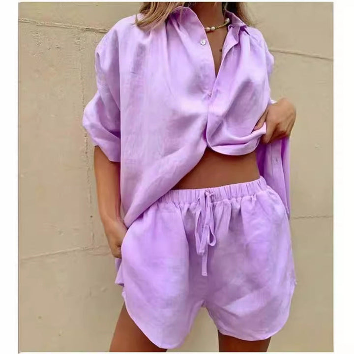 Damer linneblus och shorts-set med lös passform och elastisk midja Mirla-Eva Jonsson