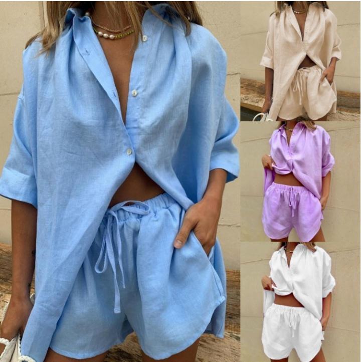 Damer linneblus och shorts-set med lös passform och elastisk midja Mirla-Eva Jonsson