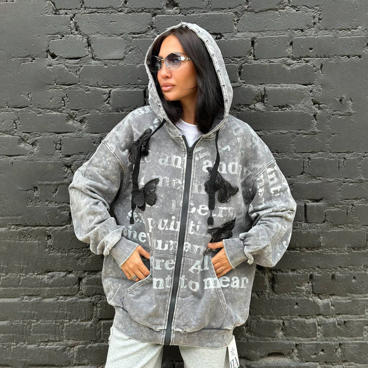 Damer lös passande hoodie med unik text och applikationer Mirla-Eva Jonsson