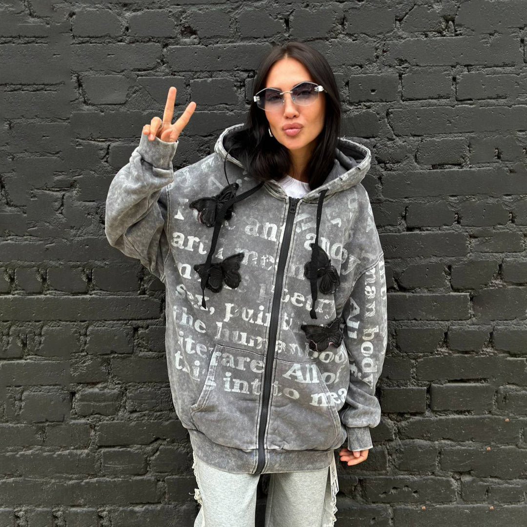 Damer lös passande hoodie med unik text och applikationer Mirla-Eva Jonsson