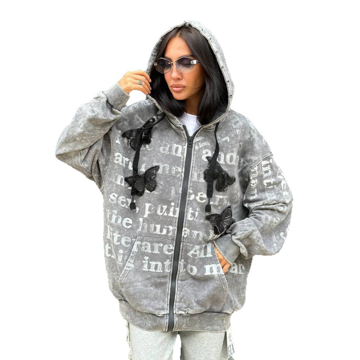 Damer lös passande hoodie med unik text och applikationer Mirla-Eva Jonsson
