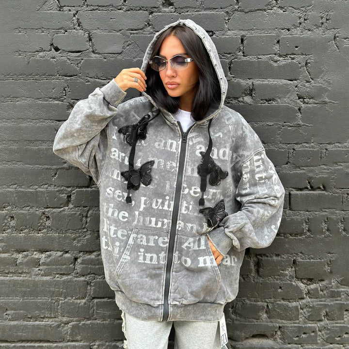 Damer lös passande hoodie med unik text och applikationer Mirla-Eva Jonsson