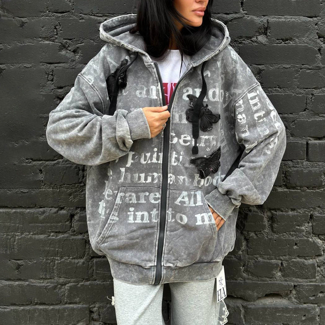 Damer lös passande hoodie med unik text och applikationer Mirla-Eva Jonsson