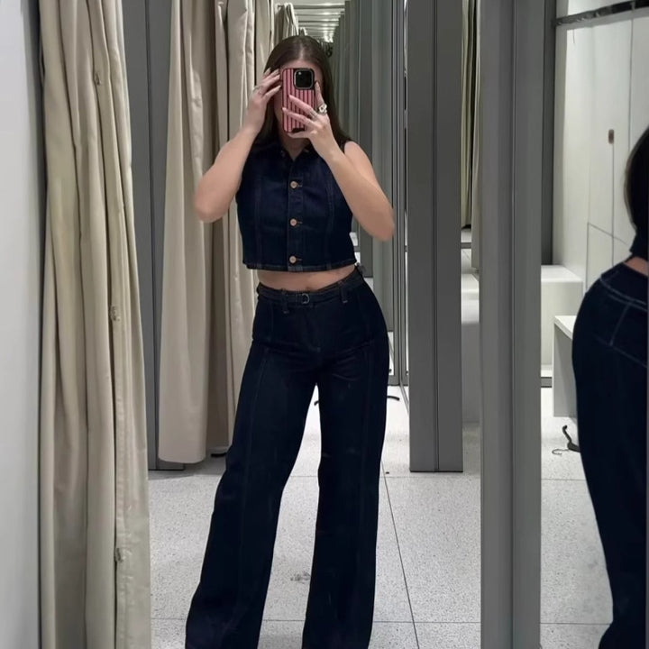 Damer löst skuren jeansbyxor med bindebälte och elegant silhuett Mirla-Eva Jonsson