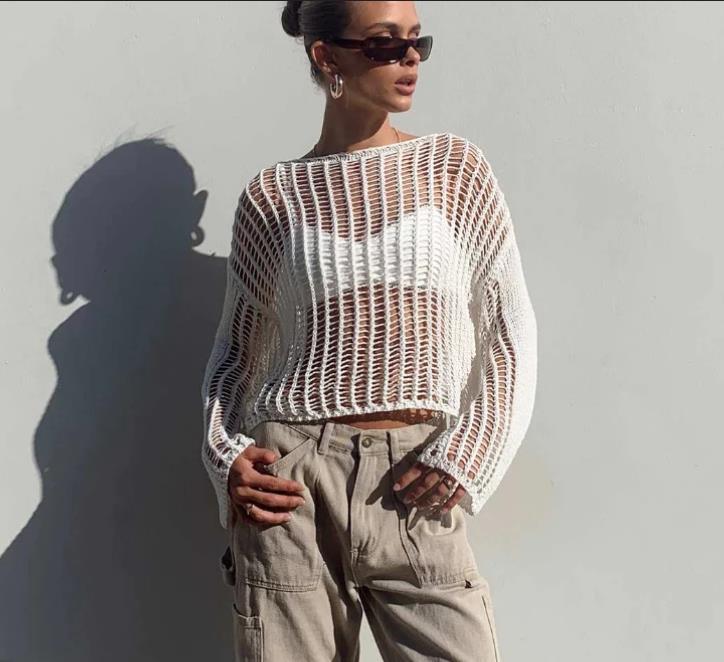 Damer luftig Cropped stickat topp med vida ärmar Mirla-Eva Jonsson