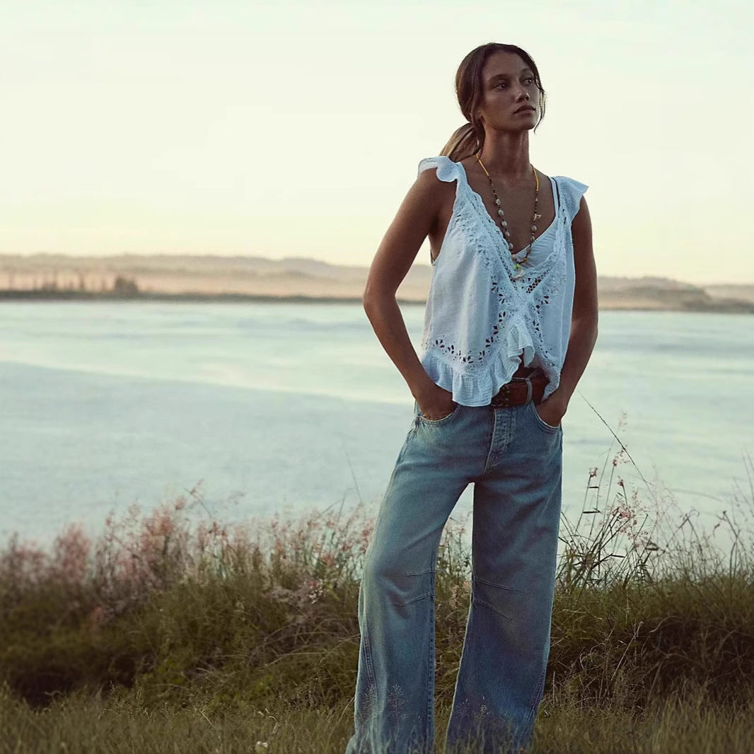 Damer luftig linne-crop-top med volanger Mirla-Eva Jonsson