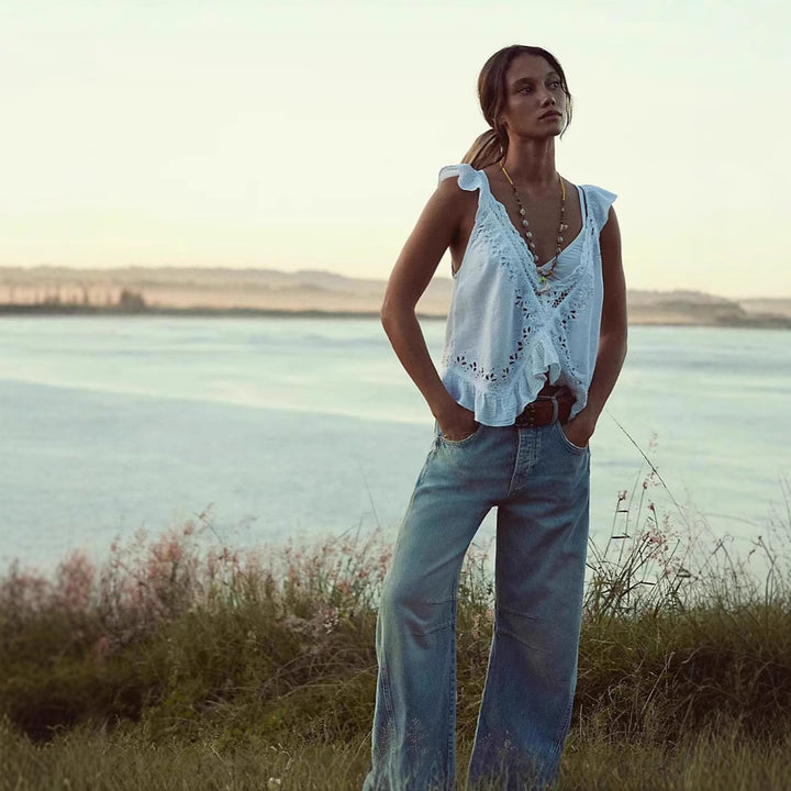 Damer luftig linne-crop-top med volanger Mirla-Eva Jonsson