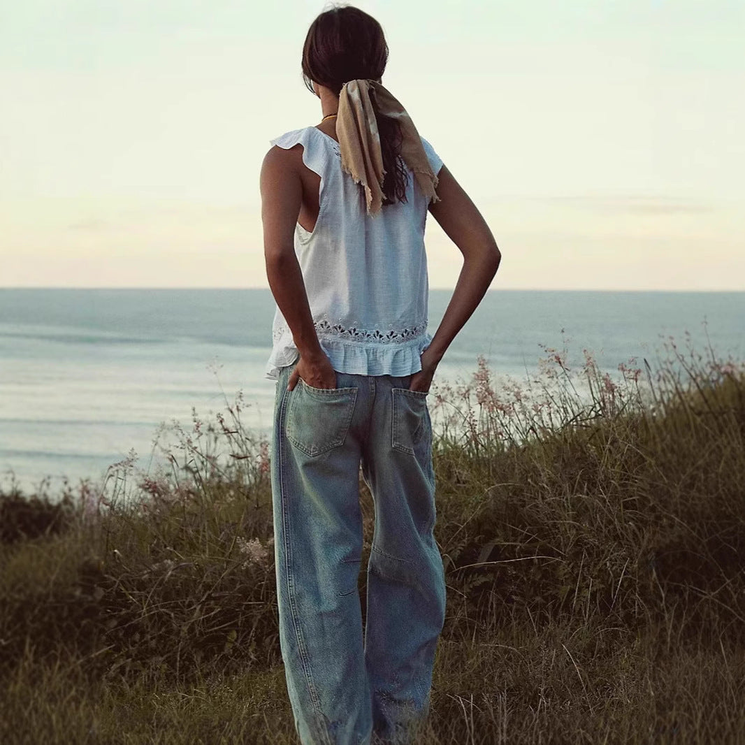 Damer luftig linne-crop-top med volanger Mirla-Eva Jonsson
