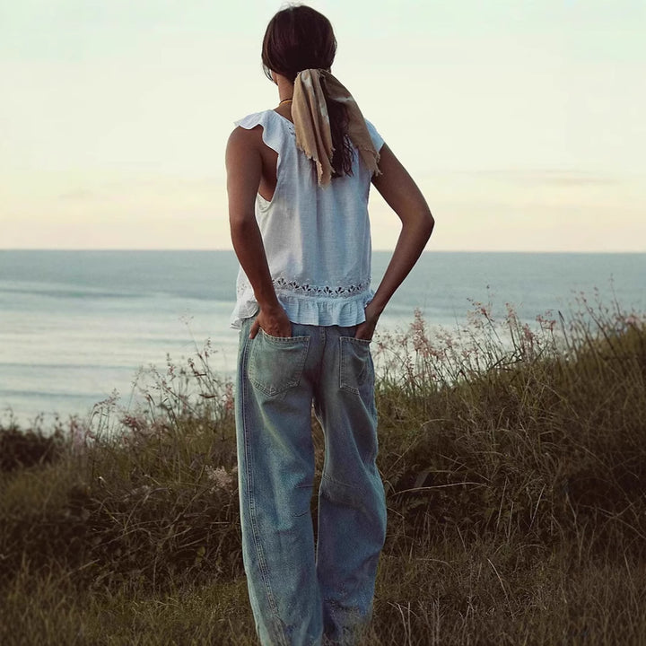 Damer luftig linne-crop-top med volanger Mirla-Eva Jonsson