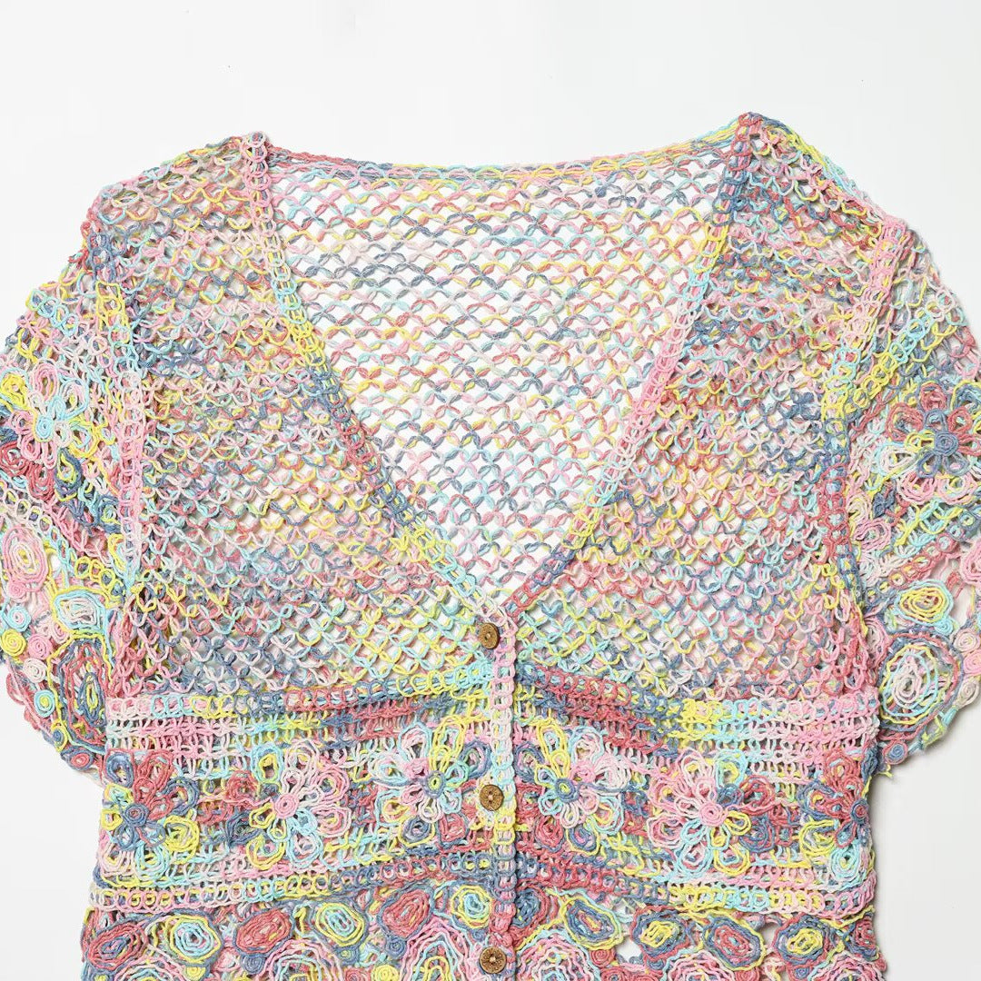 Damer luftig spets-crochet-kofta med färgglad virkning mönster Mirla-Eva Jonsson