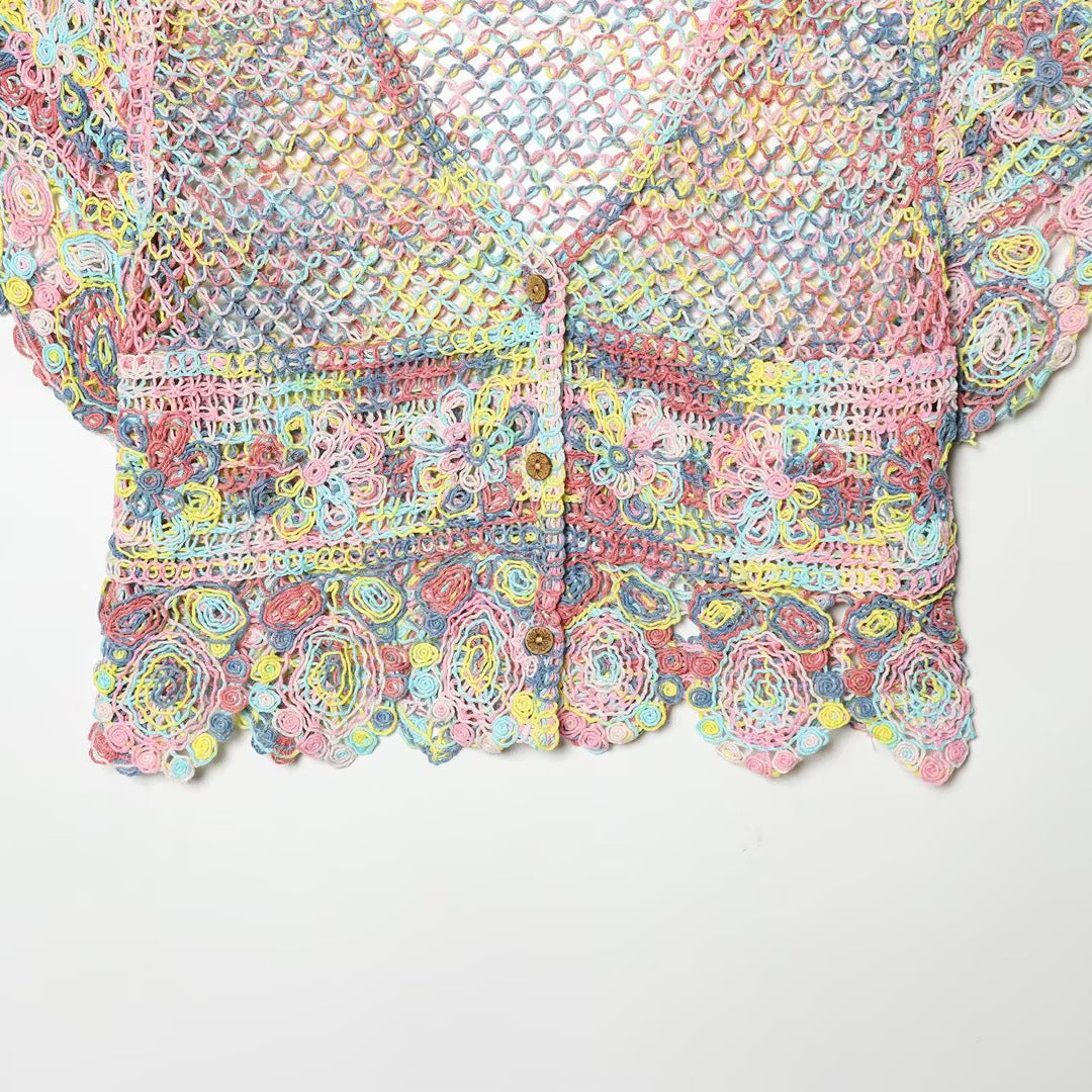 Damer luftig spets-crochet-kofta med färgglad virkning mönster Mirla-Eva Jonsson