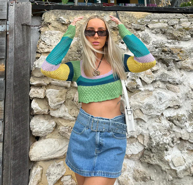 Damer luftigt virkat Crop-Top med iögonfallande randig mönster Mirla-Eva Jonsson