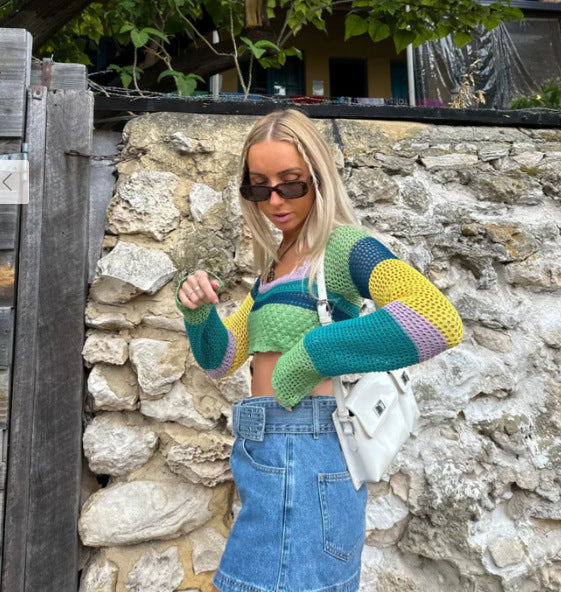 Damer luftigt virkat Crop-Top med iögonfallande randig mönster Mirla-Eva Jonsson