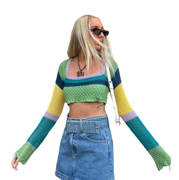 Damer luftigt virkat Crop-Top med iögonfallande randig mönster Mirla-Eva Jonsson