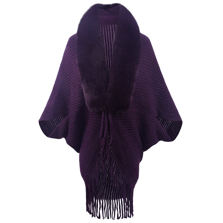 Damer lyxig stickad poncho med elegant konstpälskrage och fransar Mirla-Eva Jonsson