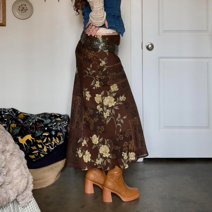 Damer maxi kjol med blommigt mönster och transparent chiffonöverdrag Mirla-Eva Jonsson