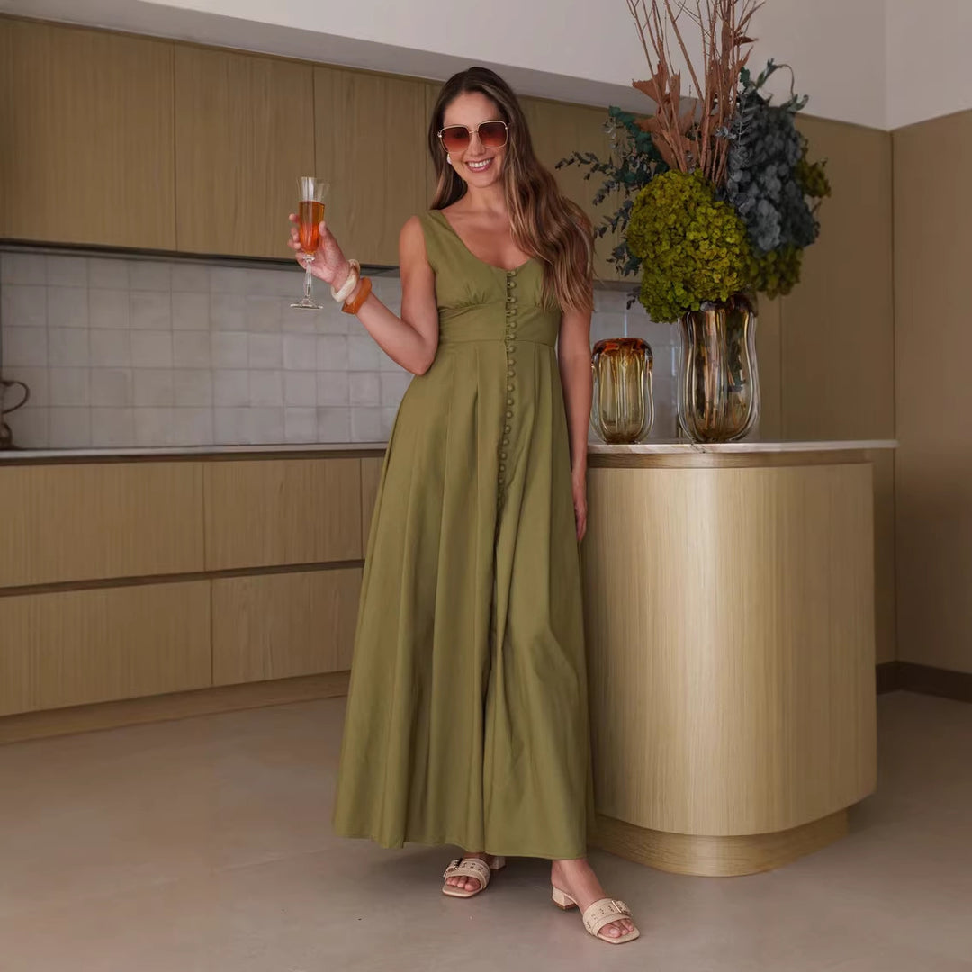 Damer maxi klänning med chic knappdesign och elegant V-hals Mirla-Eva Jonsson