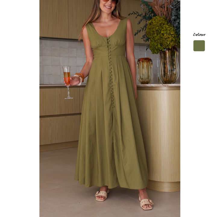 Damer maxi klänning med chic knappdesign och elegant V-hals Mirla-Eva Jonsson
