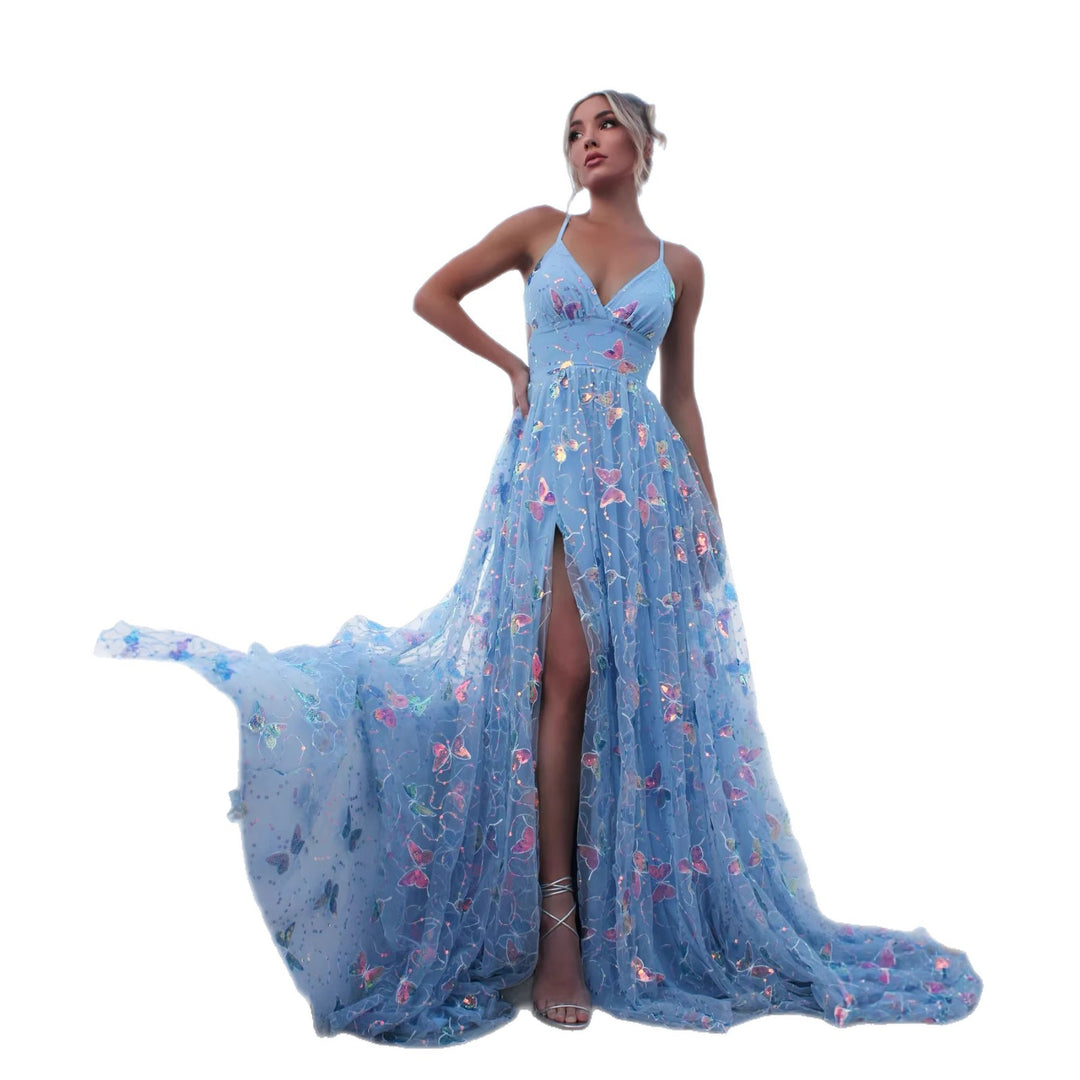 Damer maxi klänning med delikata glittrande accenter och blommig skärning-Eva Jonsson