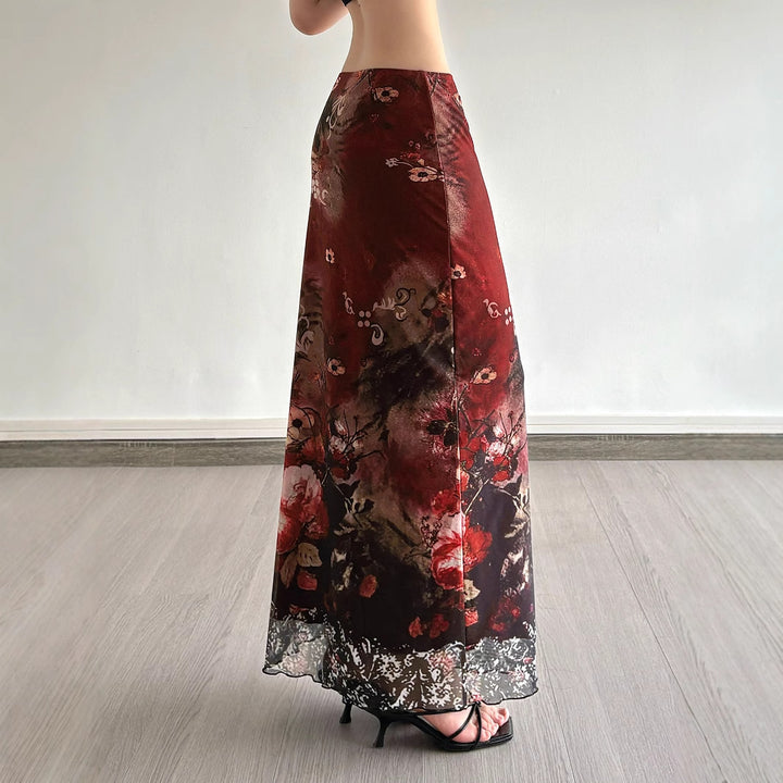 Damer maxikjol med blommönster och transparent spets Mirla-Eva Jonsson