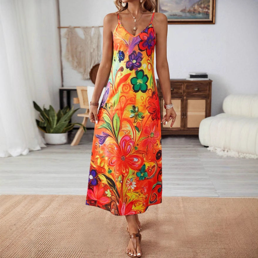 Damer maxiklänning med färgglad blomsterdesign och spagettiband Mirla-Eva Jonsson