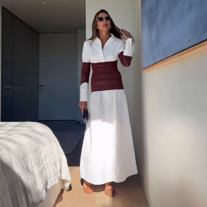 Damer maxiklänning med innovativt omslag design och moderna kontrastdetaljer Mirla-Eva Jonsson