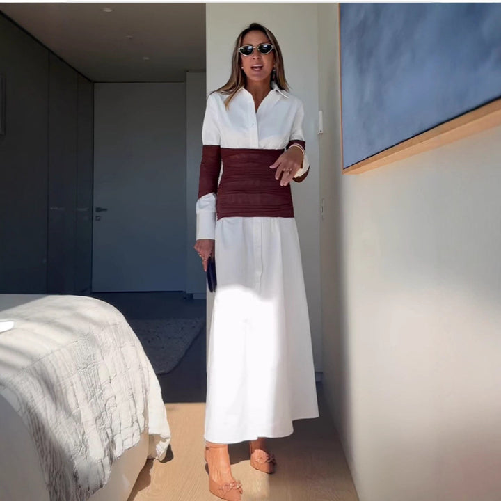 Damer maxiklänning med innovativt omslag design och moderna kontrastdetaljer Mirla-Eva Jonsson