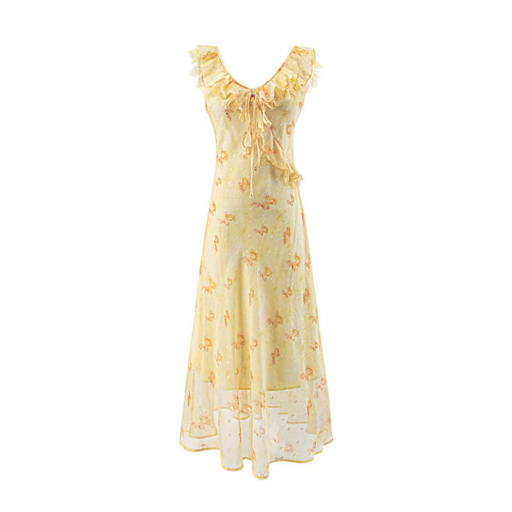 Damer maxiklänning med lekfullt volangdesign och blommönster Mirla-Eva Jonsson