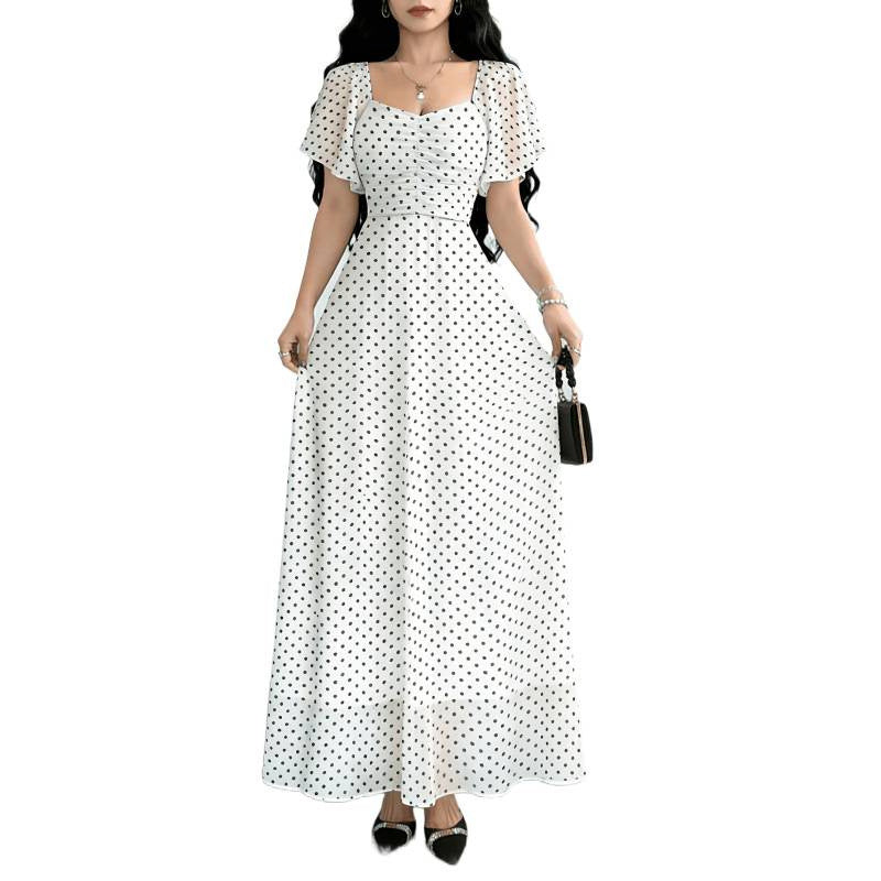 Damer maxiklänning med voluminösa volangaxlar och vintage prickdesign Mirla-Eva Jonsson