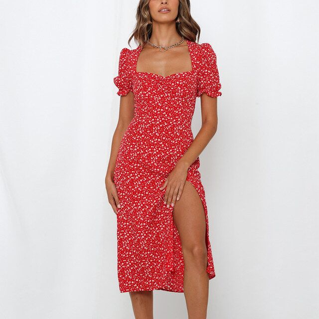 Damer midi dress med blommönster och sidoslit Mirla-Eva Jonsson