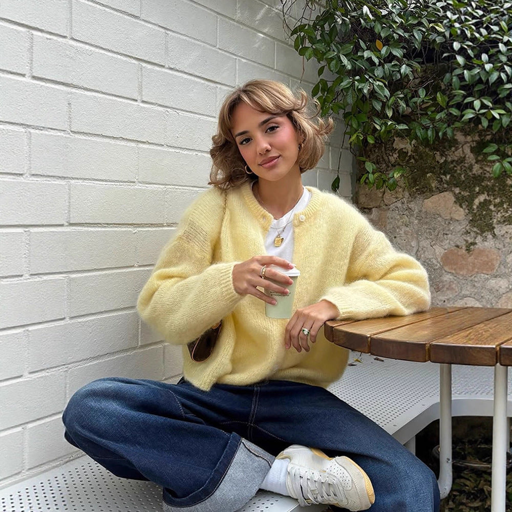 Damer mjuk stickad cardigan med stora puffärmar Mirla-Eva Jonsson