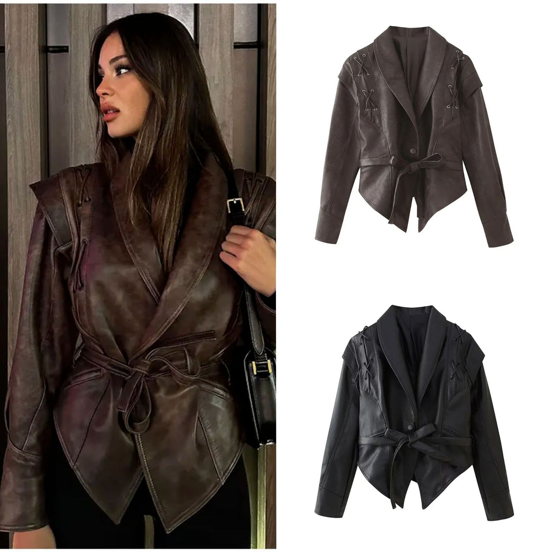 Damer moda konstläderjacka med stiligt bältedetalj och elegant design Eva Jonsson-Eva Jonsson