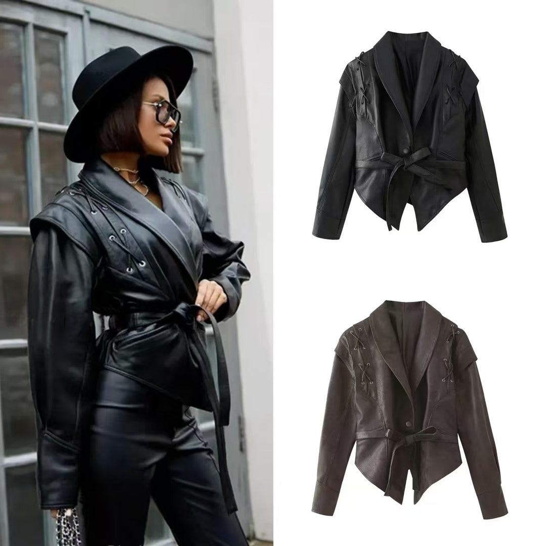 Damer moda konstläderjacka med stiligt bältedetalj och elegant design Eva Jonsson-Eva Jonsson