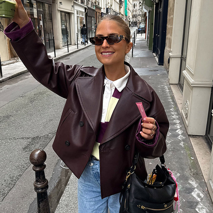 Damer mode faux läderjacka med dubbel knapplist Eva Jonsson-Eva Jonsson