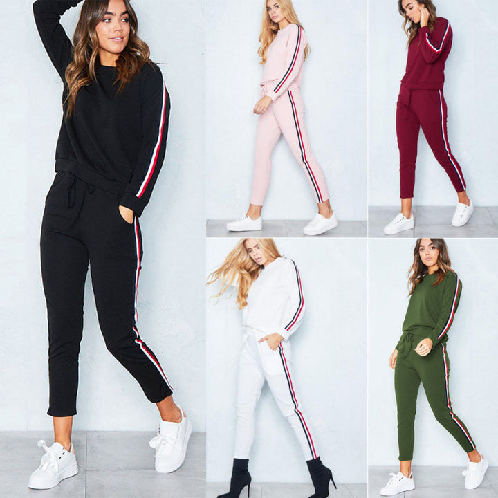 Damer mode sportset med kontrasterande sidostråk och elastisk midja Mirla-Eva Jonsson