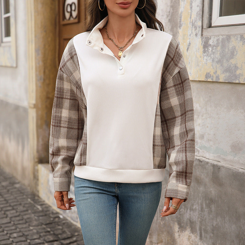 Damer mode sweatshirt med rutig mönster och knappdetaljer Mirla-Eva Jonsson