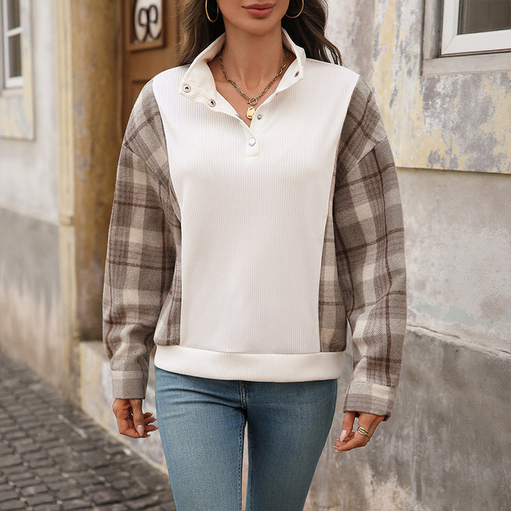 Damer mode sweatshirt med rutig mönster och knappdetaljer Mirla-Eva Jonsson