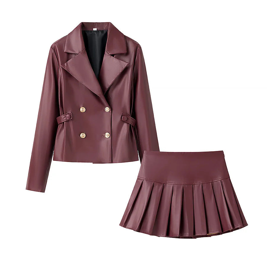 Damer moderiktig konstläder blazer- och kjol-set Mirla-Eva Jonsson