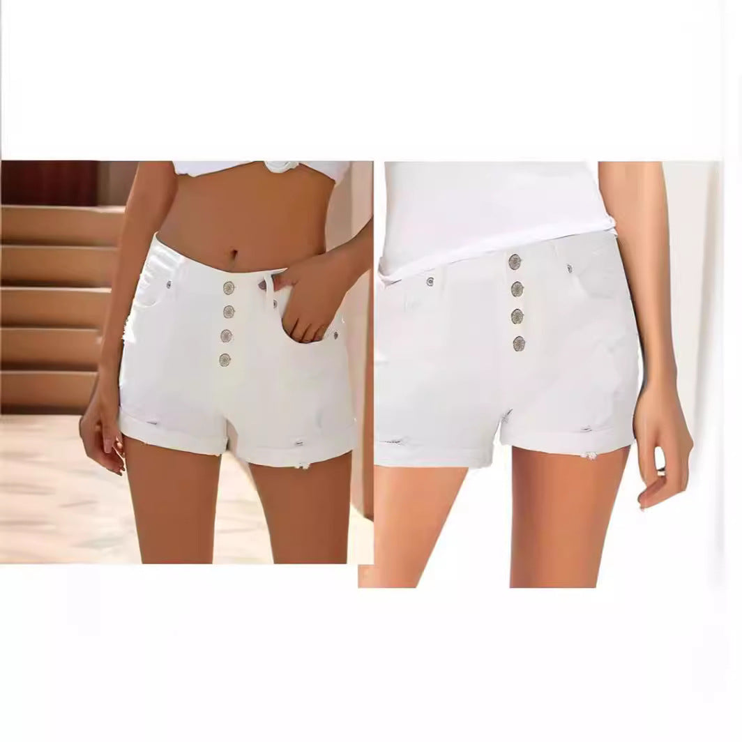 Damer moderiktiga hög midja denimshorts med knapppdetaljer och fransad fåll Mirla-Eva Jonsson