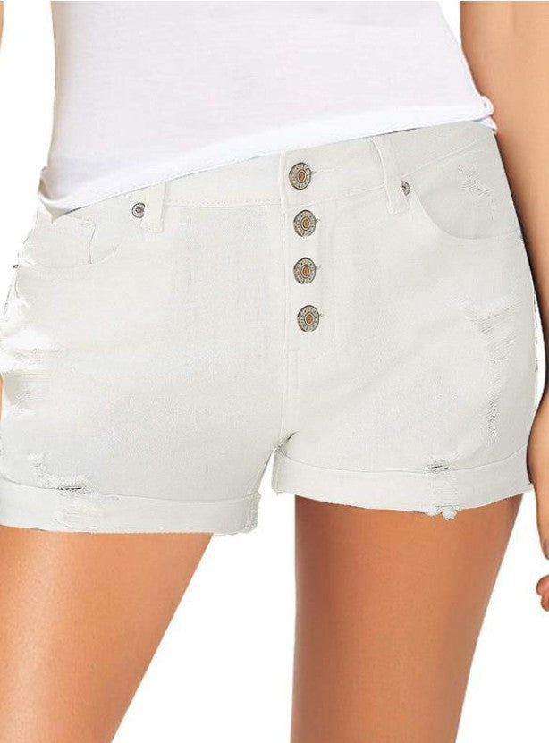 Damer moderiktiga hög midja denimshorts med knapppdetaljer och fransad fåll Mirla-Eva Jonsson