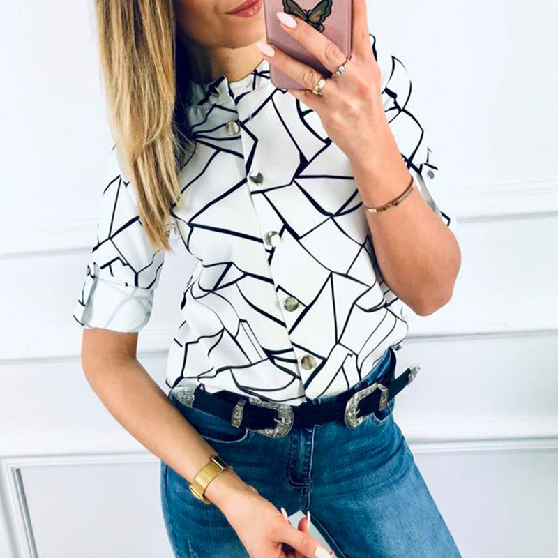 Damer moderiktigt blus med grafiskt mönster och halv långa ärmar Eva Jonsson-Eva Jonsson